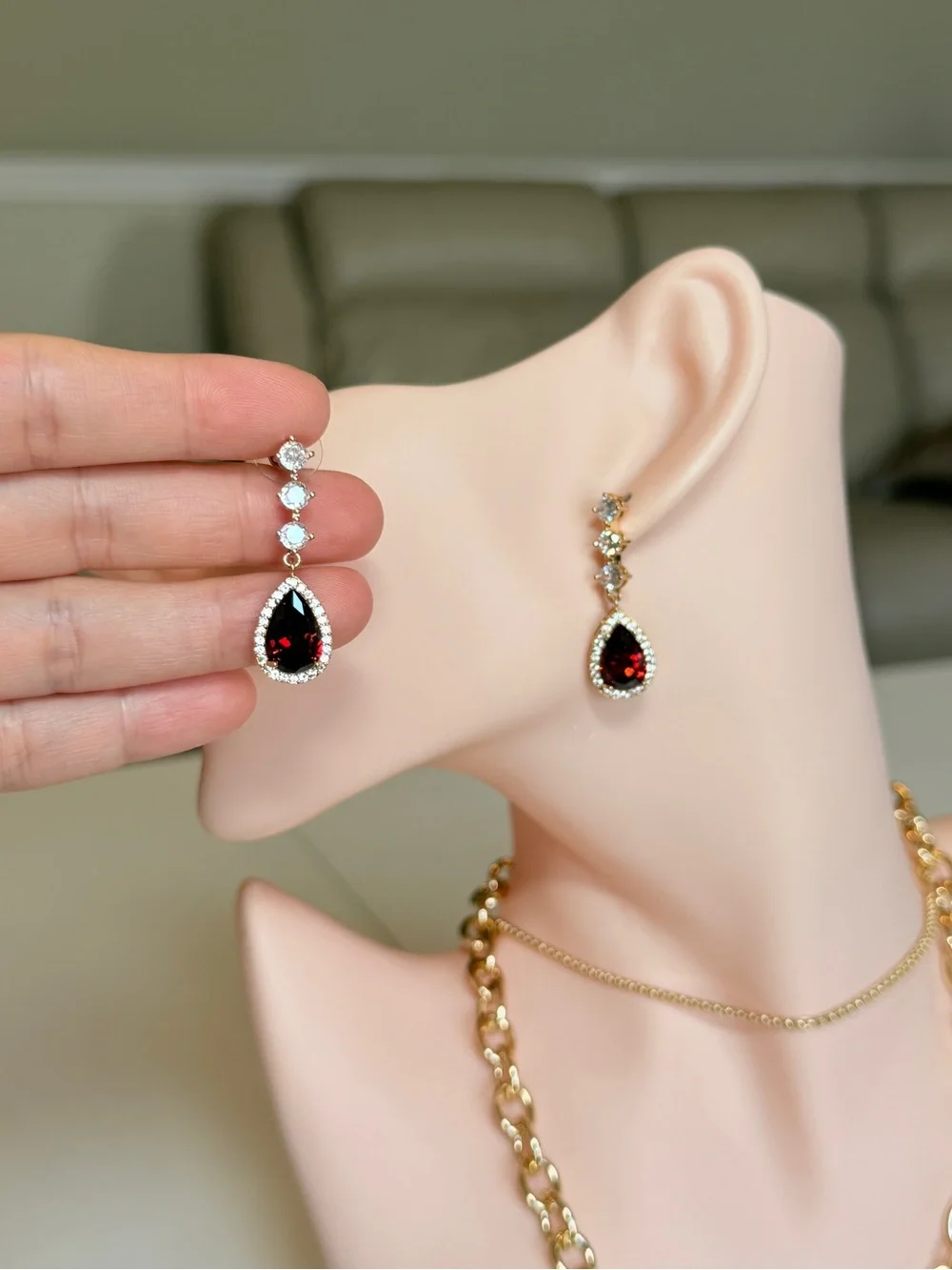 Gold Garnet Teardrop Drop Earrings with Zirconia